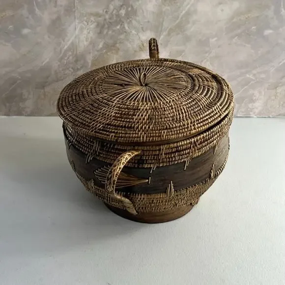 Hand-woven Basket With Lid 7 Tall Rattan and Wood Double Handles